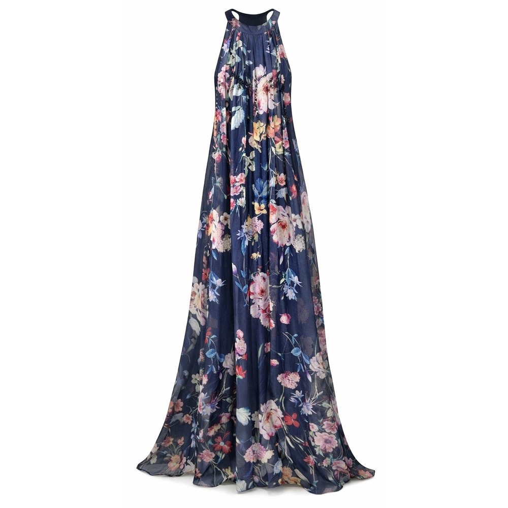 Women's Bellambra Size S Floral Silk Blend Halter Maxi Dress Navy Italy‎ Coastal
